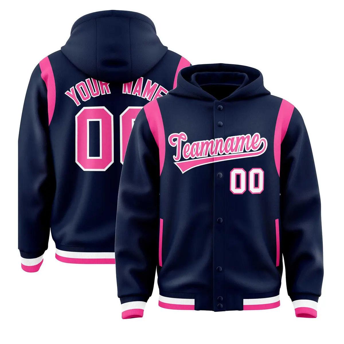 Navy Pink Varsity Letterman Color Block Hoodie Jacket