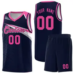 Navy Pink-White Chest Color Block Basketball Uniform Jersey 1