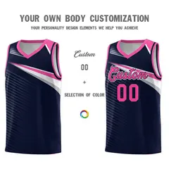 Navy Pink-White Chest Color Block Basketball Uniform Jersey 3