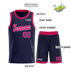 Navy Pink-White Classic Sets Basketball Uniform Jersey 3