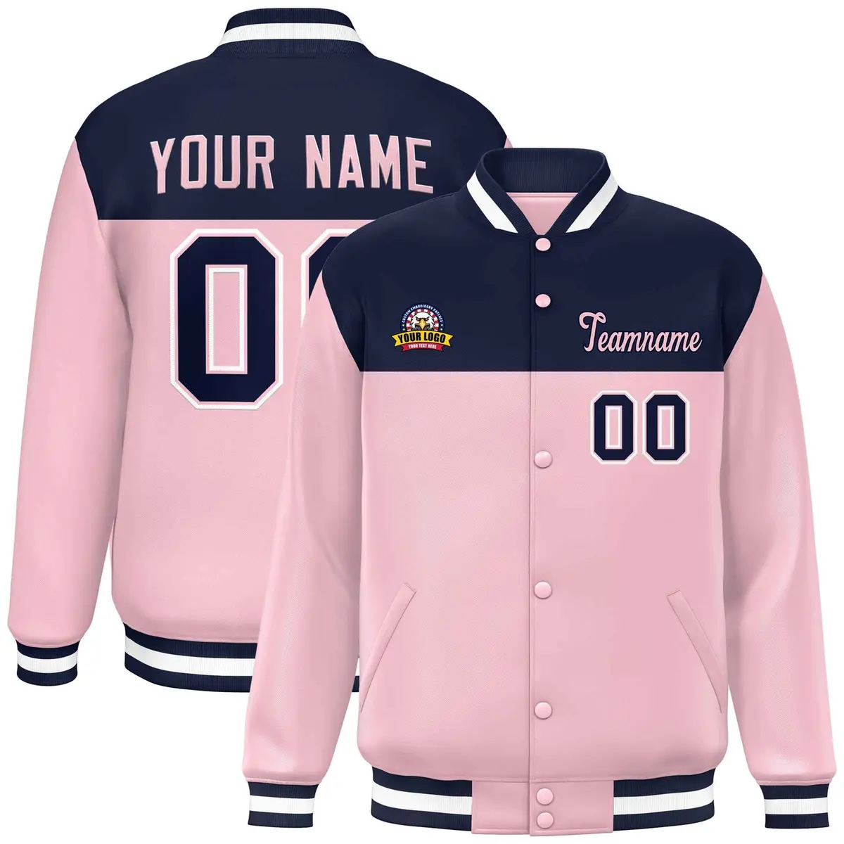 Navy Pink White Color Block Full-Snap Varsity Baseball Jacket