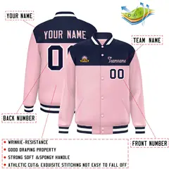 Navy Pink White Color Block Full-Snap Varsity Baseball Jacket 2