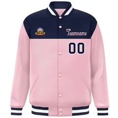 Navy Pink White Color Block Full-Snap Varsity Baseball Jacket 3