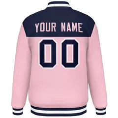Navy Pink White Color Block Full-Snap Varsity Baseball Jacket 4