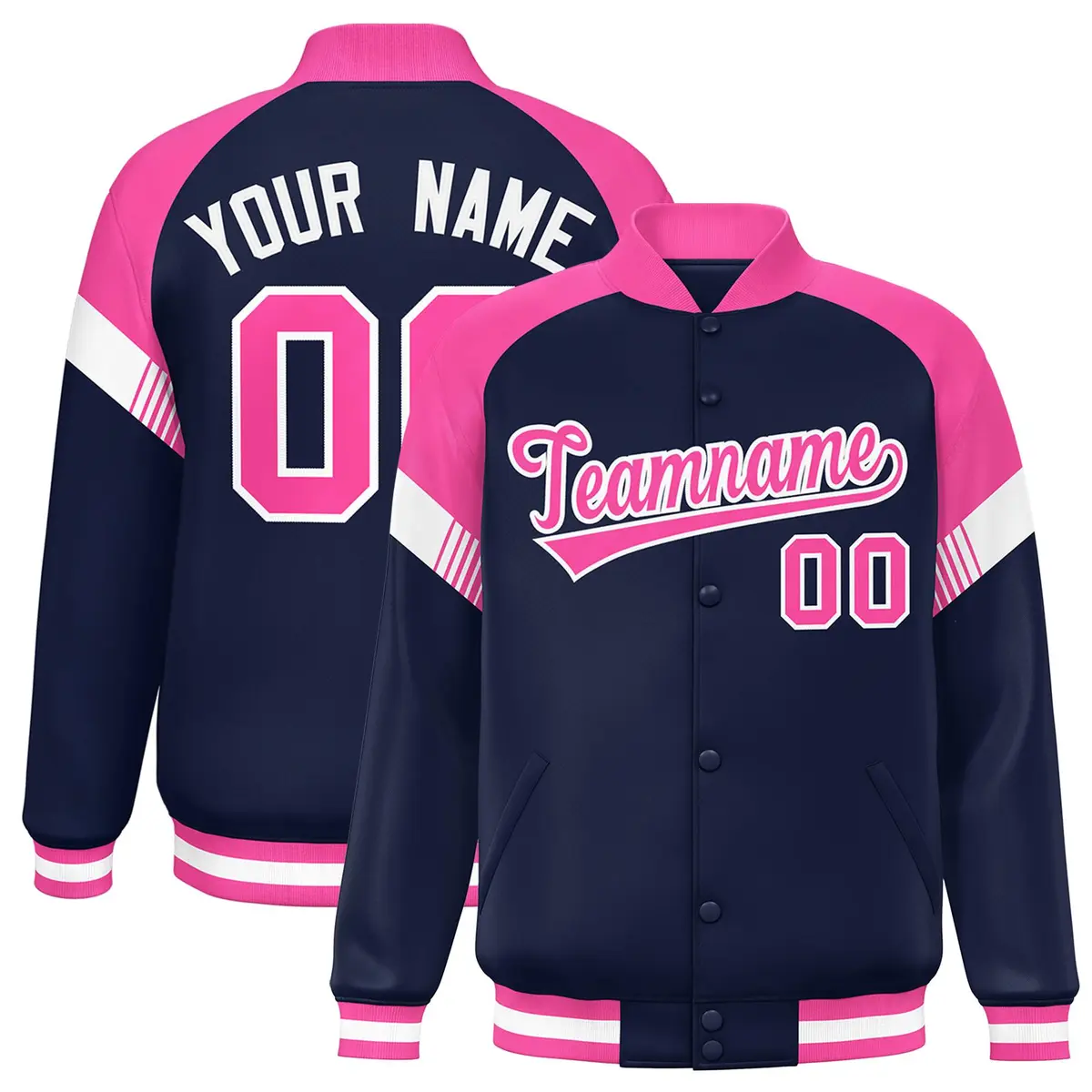 Navy Pink-White Color Block Varsity Letterman Jacket