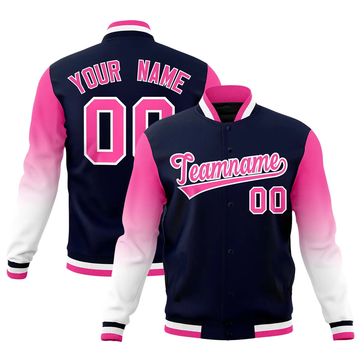Navy Pink White Gradient Varsity Raglan Letterman Jacket