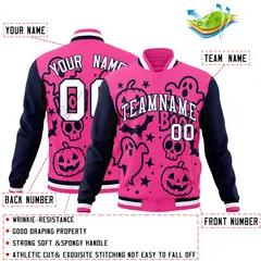 Navy Pink White Halloween Bats Pumpkins Ghost Letterman Jacket 2