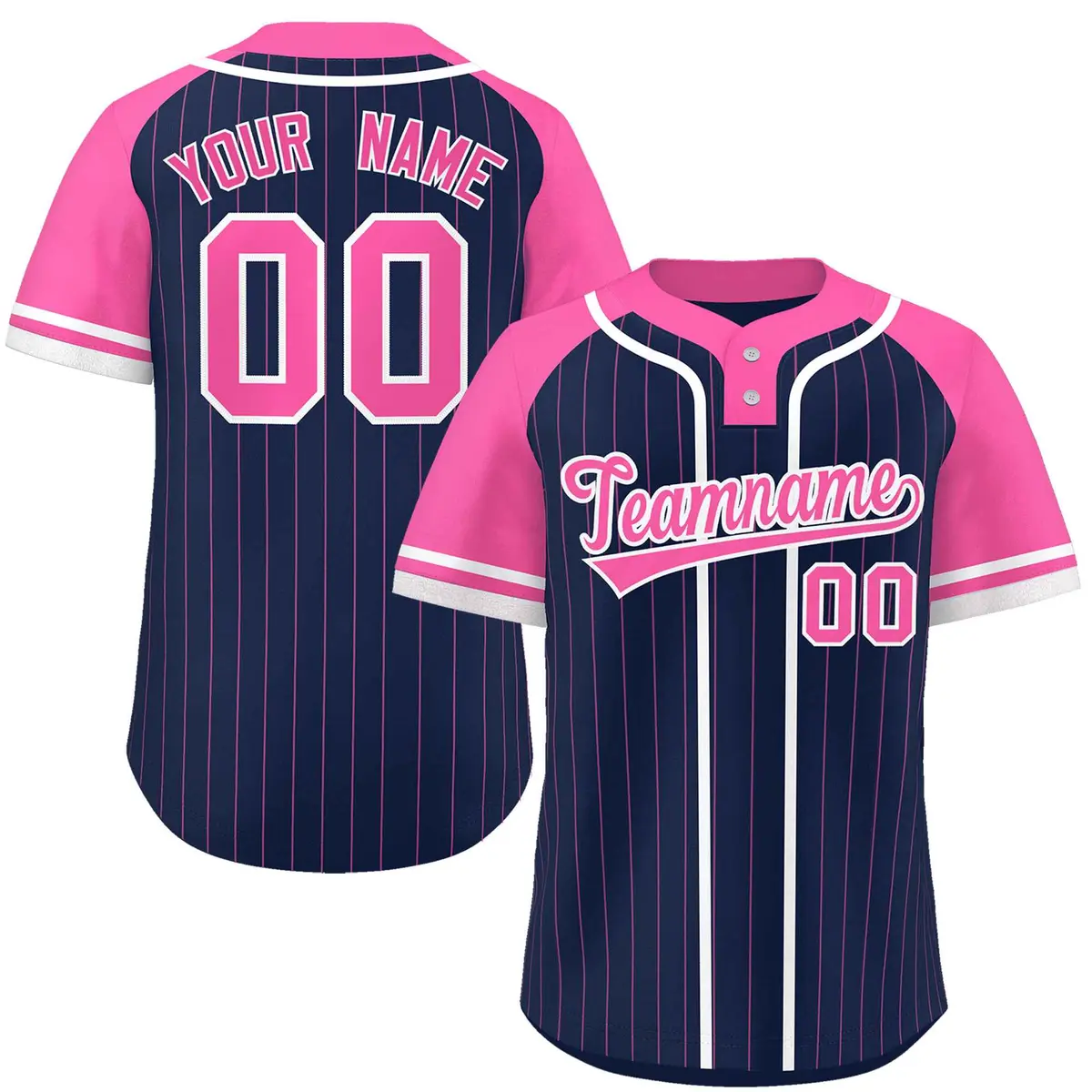 Navy Pink-White Stripe Raglan Two-Button Softball Jersey