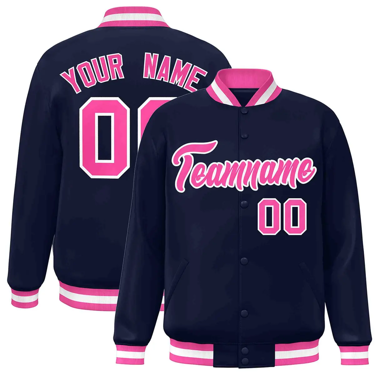 Navy Pink-White Varsity Full-Snap Letterman Jacket