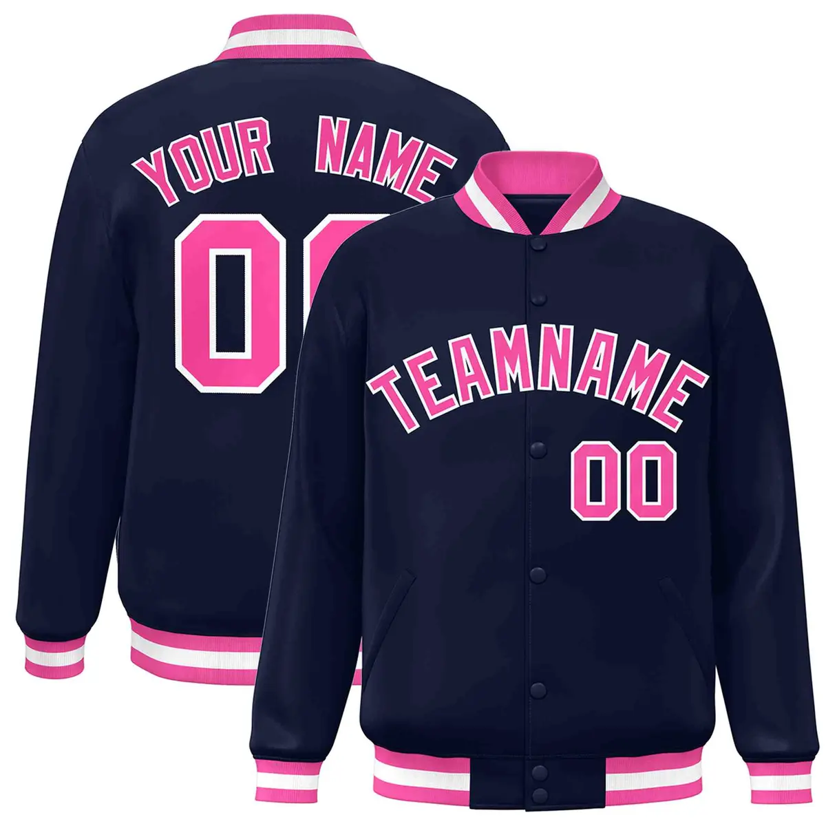 Navy Pink-White Varsity Full-Snap Letterman Jacket