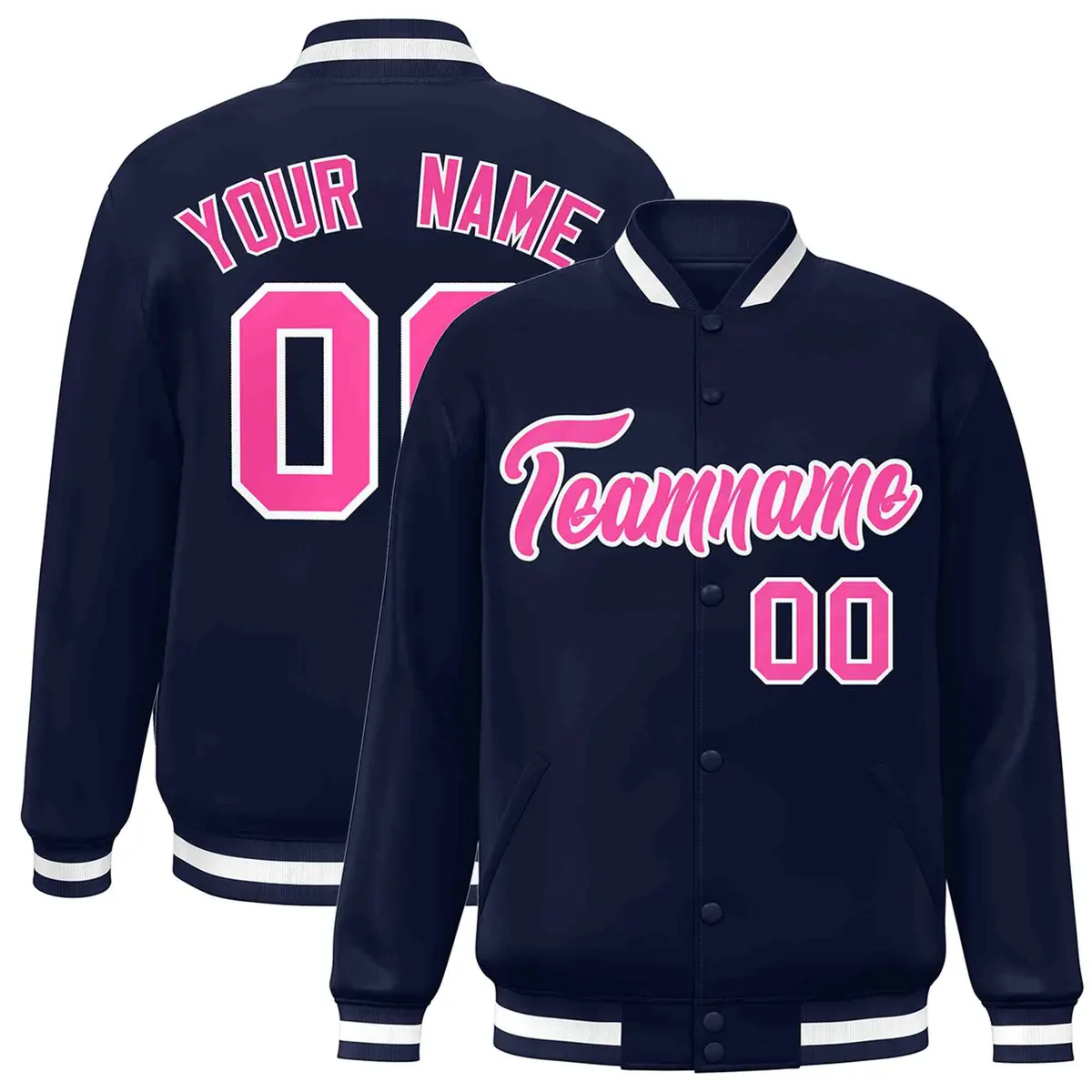 Navy Pink-White Varsity Full-Snap Letterman Jacket