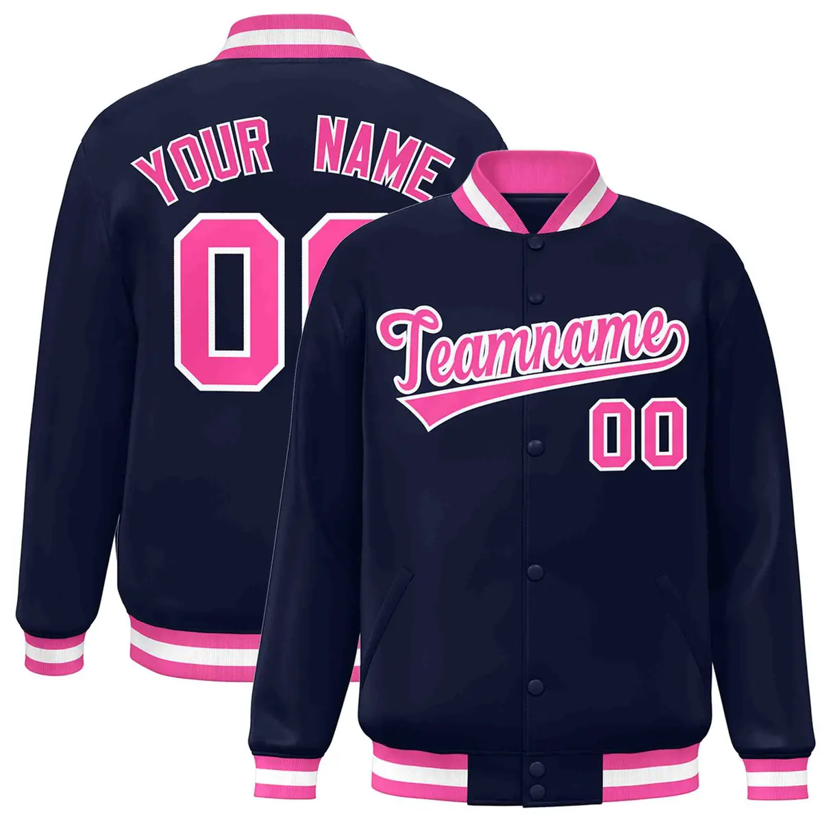 Navy Pink-White Varsity Full-Snap Letterman Jacket