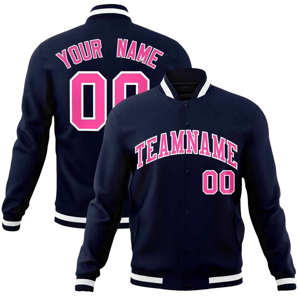 Navy Pink-White Varsity Full-Snap Letterman Jacket