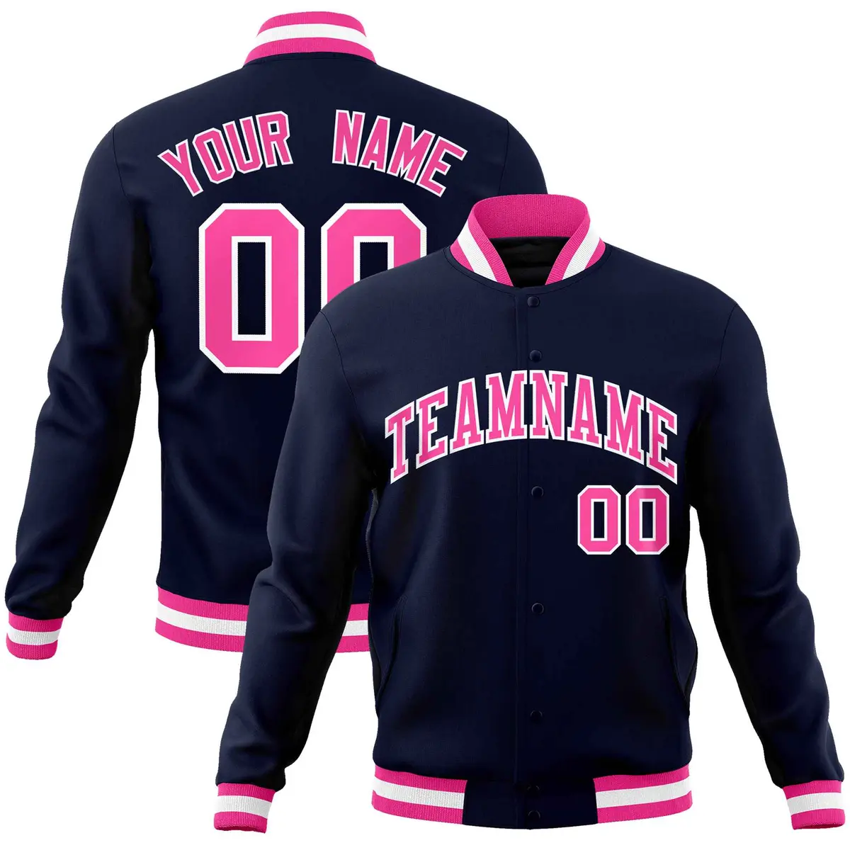 Navy Pink-White Varsity Full-Snap Letterman Jacket