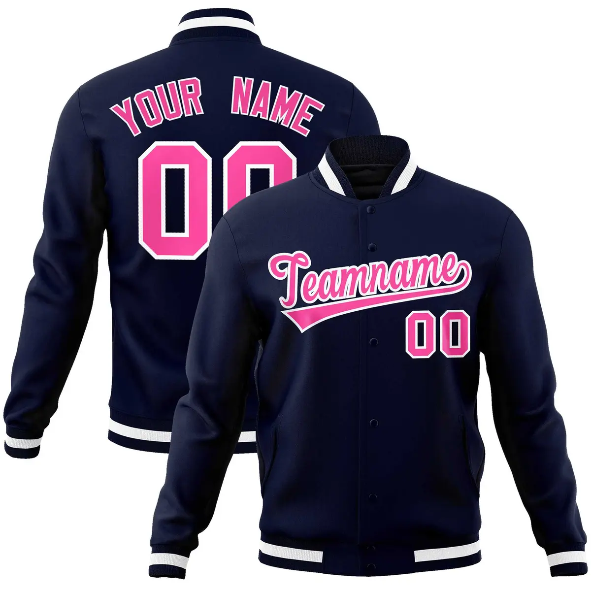 Navy Pink-White Varsity Full-Snap Letterman Jacket