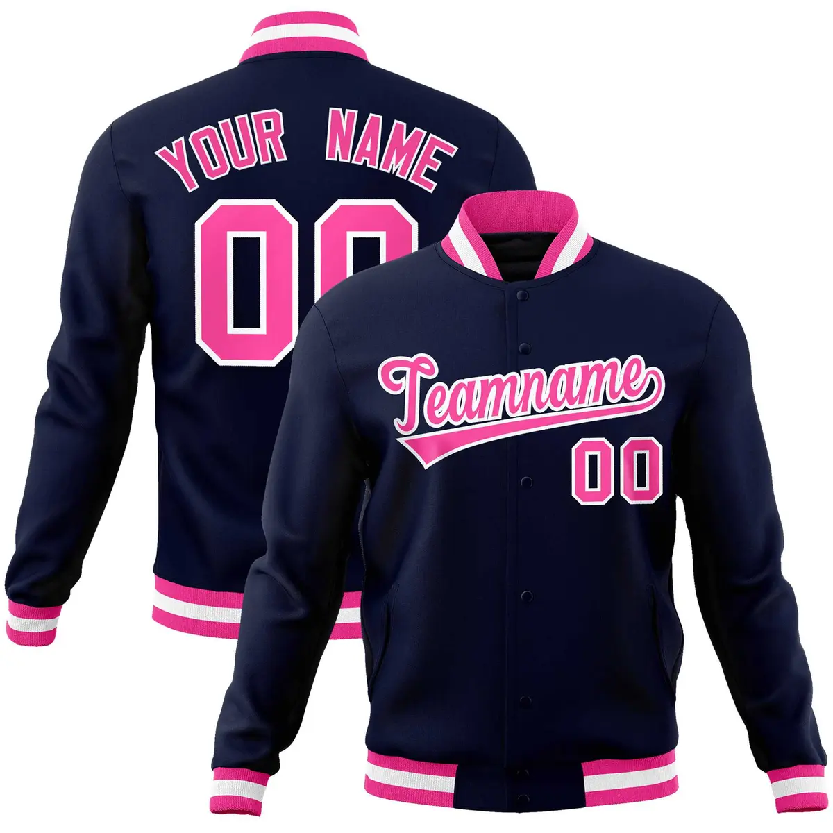 Navy Pink-White Varsity Full-Snap Letterman Jacket