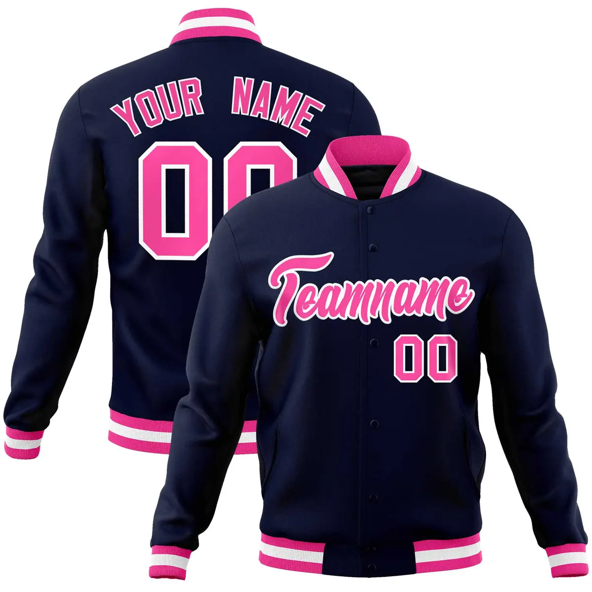 Navy Pink-White Varsity Full-Snap Letterman Jacket