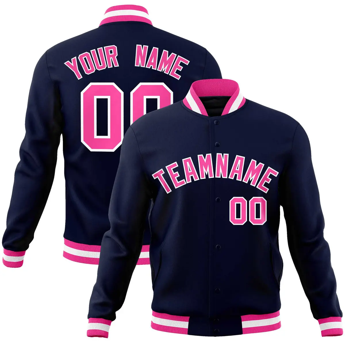Navy Pink-White Varsity Full-Snap Letterman Jacket