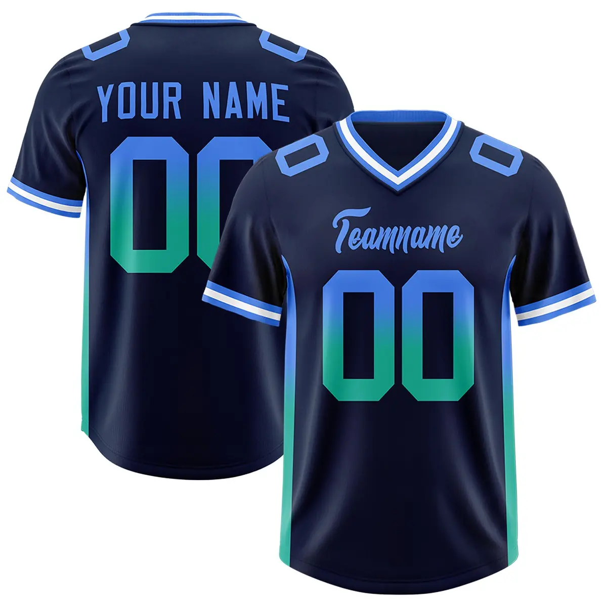 Navy Powder Blue and Bright Green Gradient Sides Football Jersey