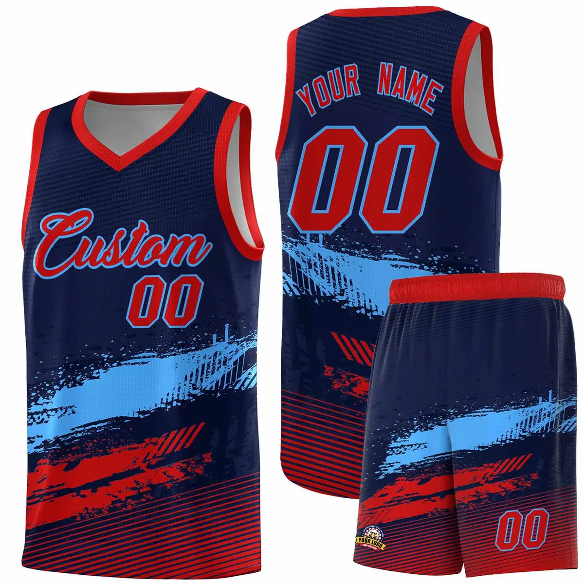 Navy Powder Blue and Red Graffiti Basketball Jersey
