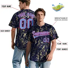 Navy Powder Blue Black & Gold Marble Print Baseball Jersey 2