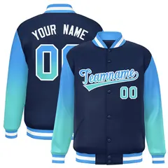 Navy Powder Blue-Bright Green Gradient Varsity Full-Snap Raglan Baseball Jacket 1