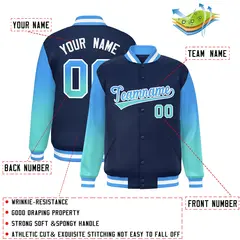 Navy Powder Blue-Bright Green Gradient Varsity Full-Snap Raglan Baseball Jacket 2