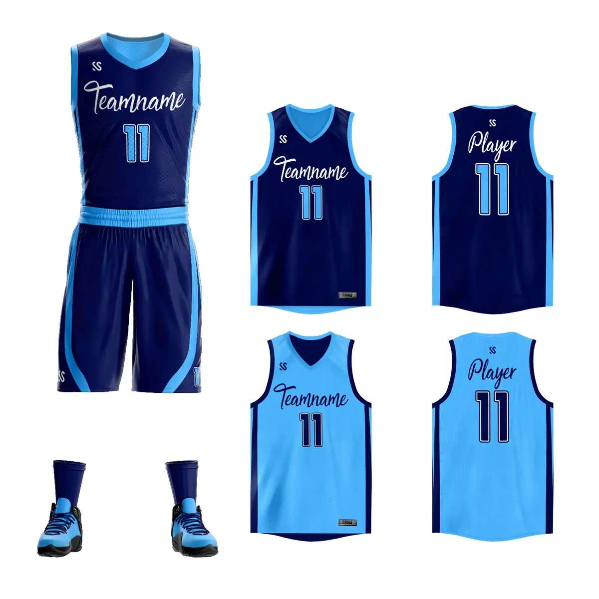 Navy Powder Blue Double Side Sets Basketball Jersey