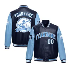 Navy Powder Blue Faux Leather Letterman Jacket Raglan Full-Snap 1