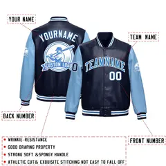 Navy Powder Blue Faux Leather Letterman Jacket Raglan Full-Snap 2