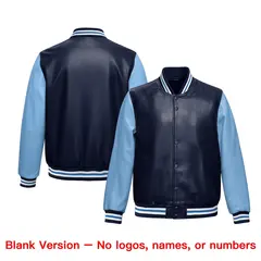 Navy Powder Blue Faux Leather Letterman Jacket Raglan Full-Snap 6