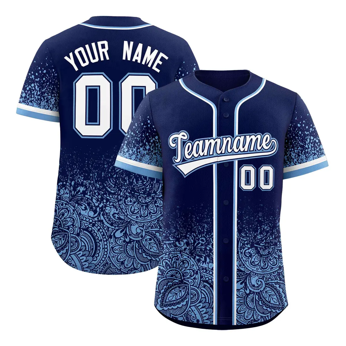 Navy Powder Blue Floral Gradient Full Button Baseball Jersey