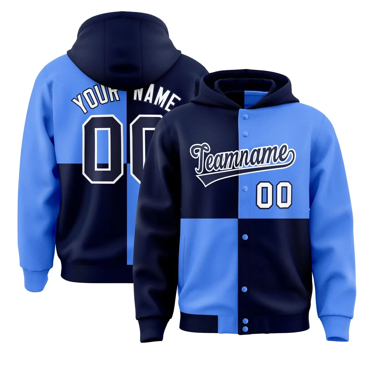 Navy Powder Blue Four Squares Color Block Varsity Letterman Jacket Hoodie