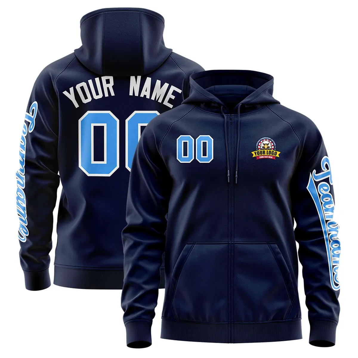 Navy Powder Blue Full-Zip Varsity Letterman Jacket Hoodie
