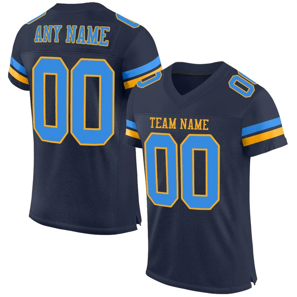 Navy Powder Blue-Gold Mesh Football Jersey