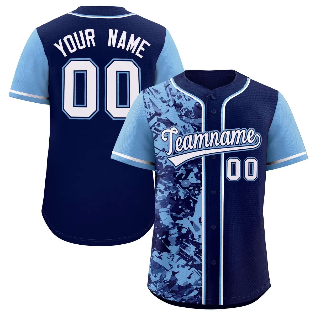 Navy Powder Blue Graffiti Split Raglan Sleeve Baseball Jersey