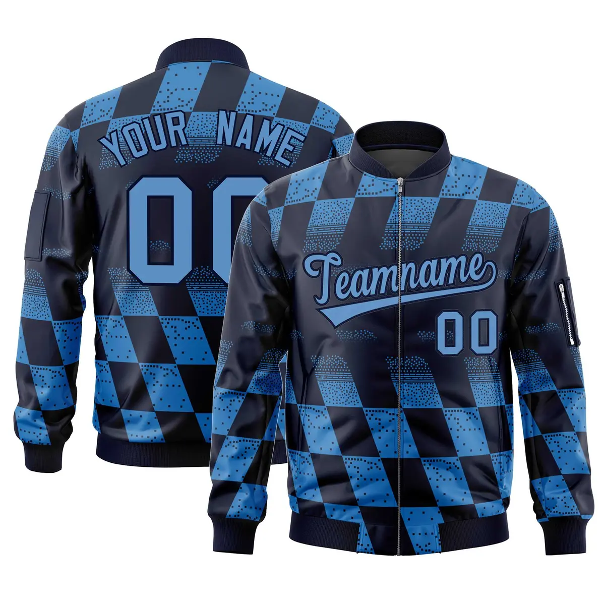 Navy Powder Blue Grid Color Block Varsity Letterman Bomber Jacket