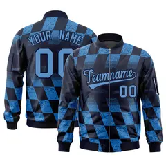 Navy Powder Blue Grid Color Block Varsity Letterman Bomber Jacket