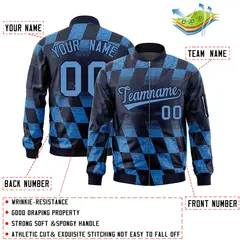 Navy Powder Blue Grid Color Block Varsity Letterman Bomber Jacket 2