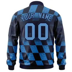 Navy Powder Blue Grid Color Block Varsity Letterman Bomber Jacket 4