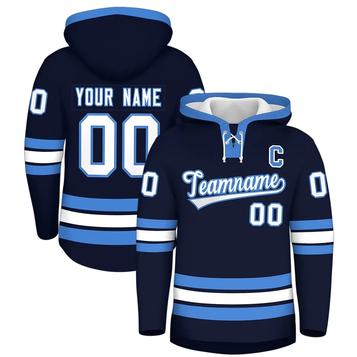 Navy Powder Blue Lace-Up Neck Hockey Hoodie