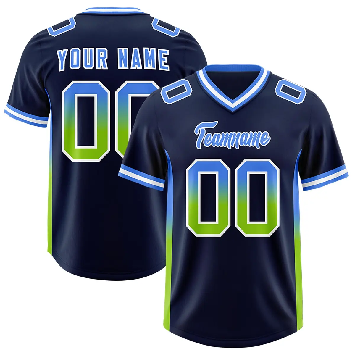 Navy Powder Blue Neon Green Sides Gradient Football Jersey