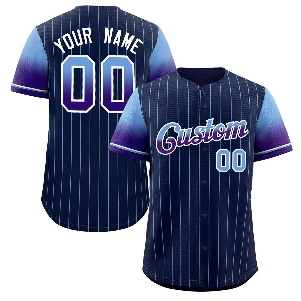 Navy Powder Blue Purple-White Stripe Gradient Baseball Jersey