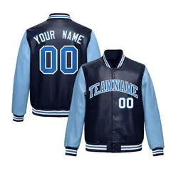 Navy Powder Blue Raglan Full-Snap Varsity Faux Leather Letterman Jacket