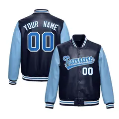 Navy Powder Blue Raglan Full-Snap Varsity Faux Leather Letterman Jacket 1