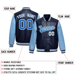 Navy Powder Blue Raglan Full-Snap Varsity Faux Leather Letterman Jacket 2
