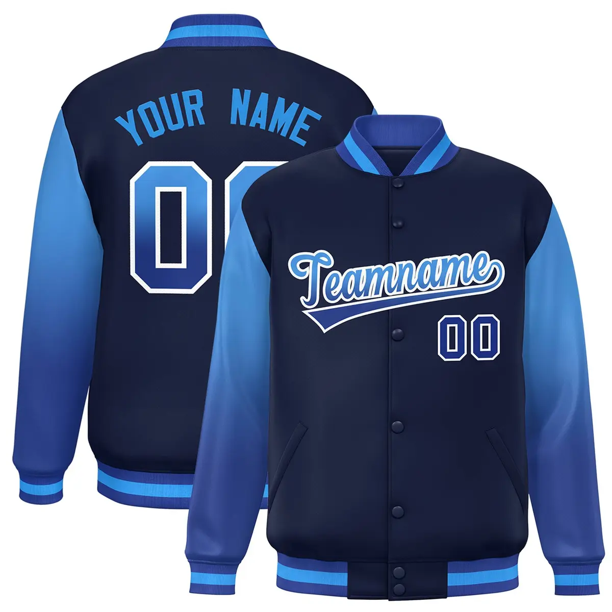 Navy Powder Blue-Royal Gradient Varsity Full-Snap Raglan Baseball Jacket