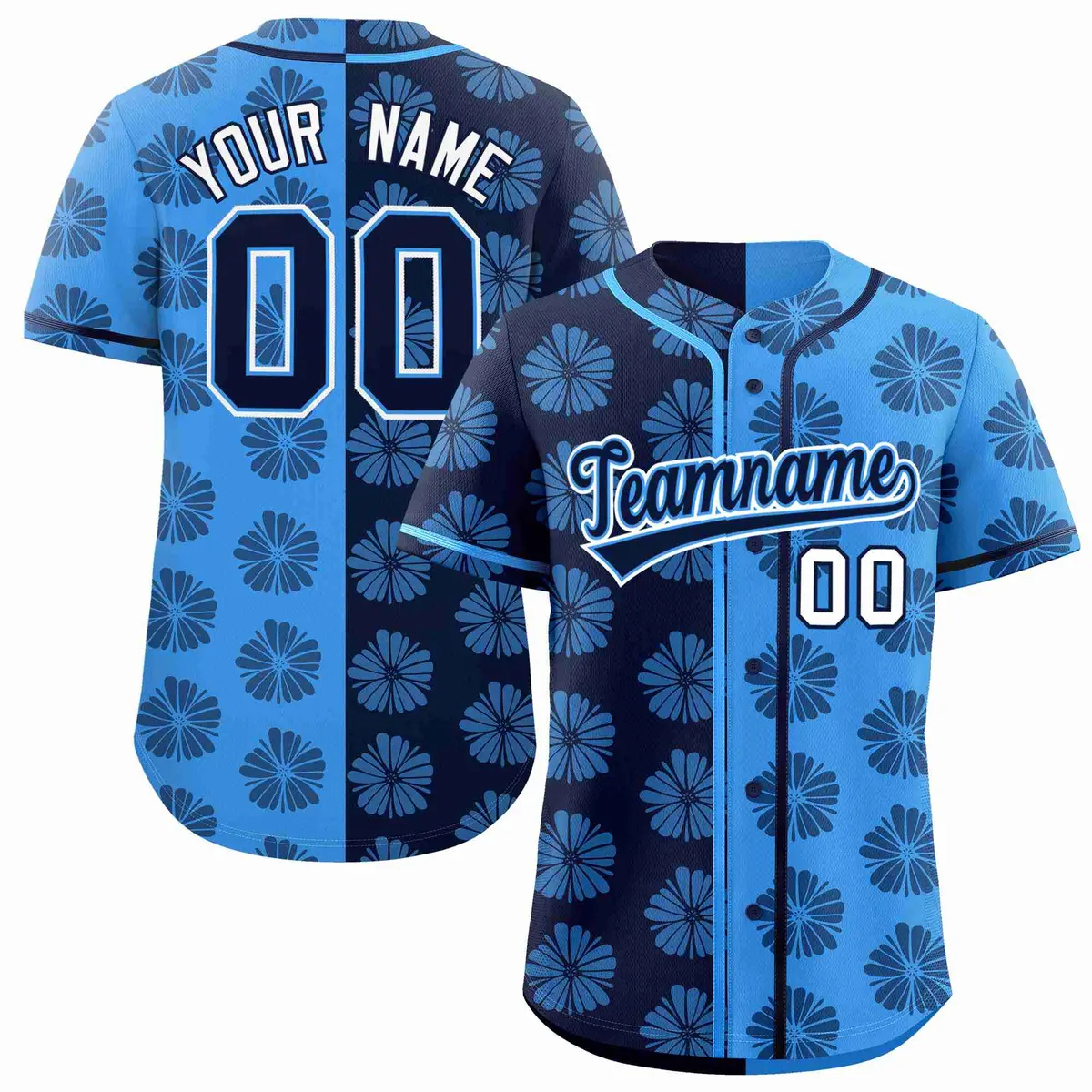 Navy Powder Blue Split Flower Graffiti Baseball Jersey