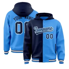 Navy Powder Blue Two Tone Split Full-Snap Varsity Letterman Hoodie Jacket 1