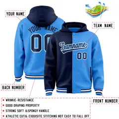 Navy Powder Blue Two Tone Split Full-Snap Varsity Letterman Hoodie Jacket 4